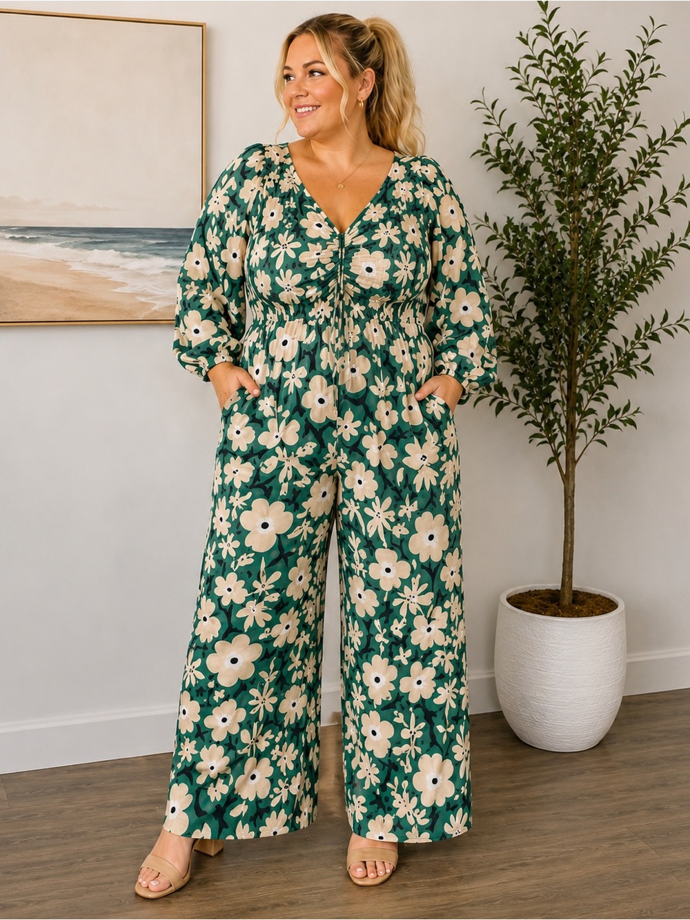 Polygram 1XL Green Floral Smocked  Jumpsuit Long Sleeve